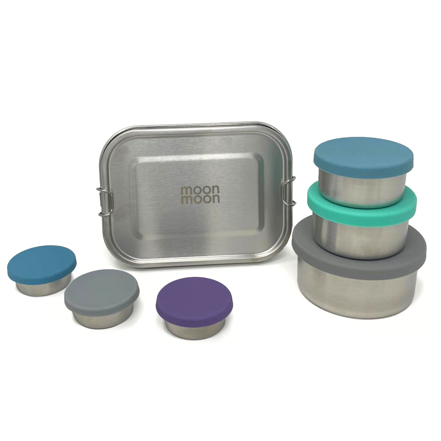 stainless steel lunch box, metal bento box, sandwich tin, salad lunchnox, salad dressing pot, snack pots, metal food storage containers, plastic-free tupperware, eco lunch box set, elephant box, slice of green, minitie, black and blum